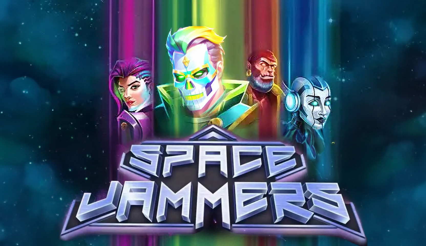 Space Jammers slot game cover with vibrant cosmic background and diverse galactic pirate characters.