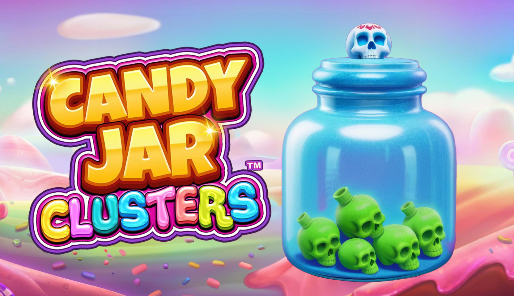 Candy Jar Clusters Game with green skulls in the candy jar on a candyland background