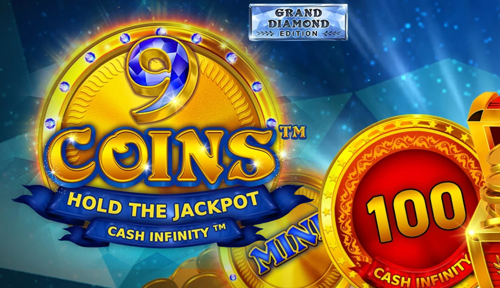 9 Coins Grand Diamond Edition slot game logo by Wazdan with golden coins and radiant blue background.