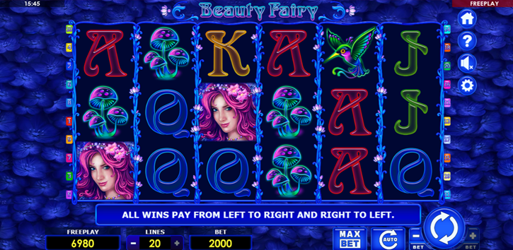 Beauty Fairy by Amatic Games game grid with blue flower background and game symbols.