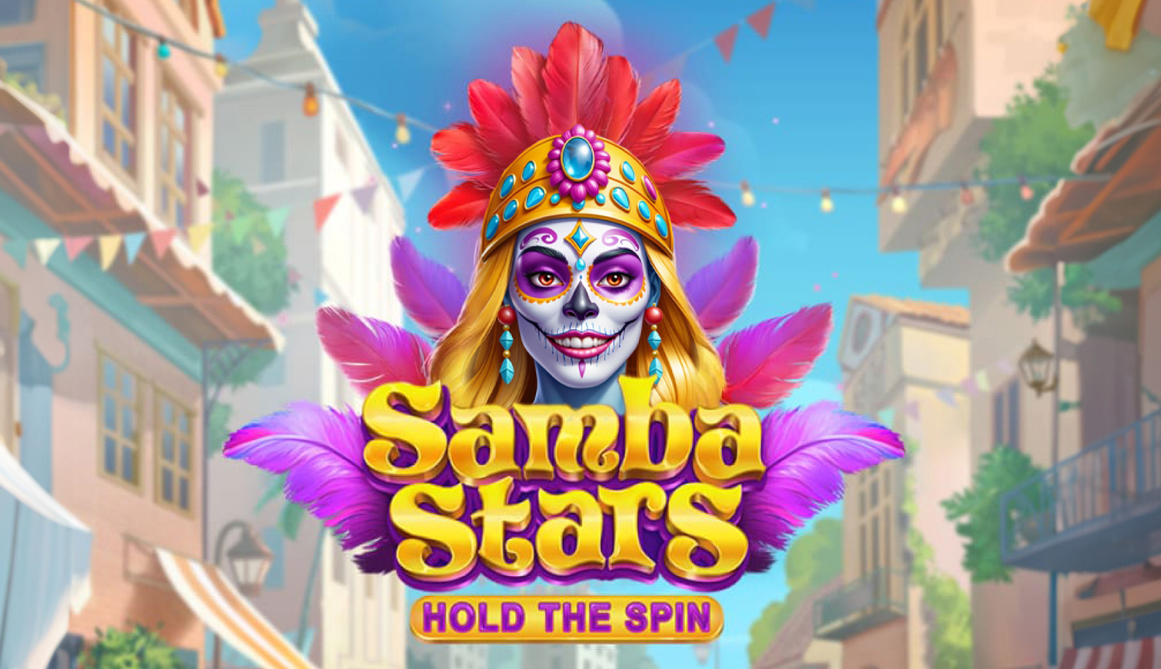 Samba Stars: Hold The Spin slot review by Gamzix featuring colorful carnival theme with masked dancer and vibrant street background.