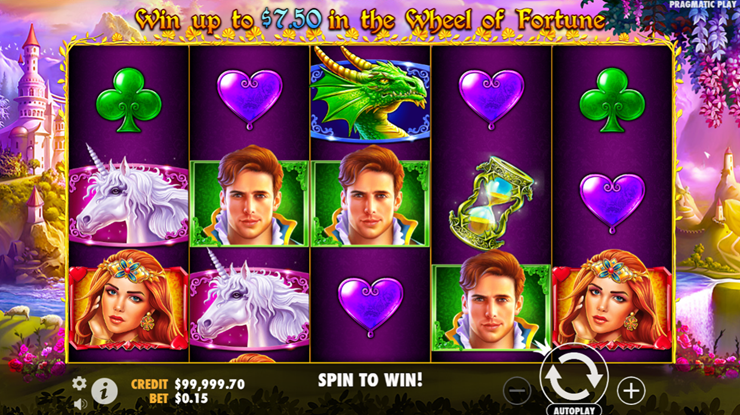 Fairytale Fortune by Pragmatic Play game grid with dragon, unicorn, and fairy characters with wheel of fortune script.