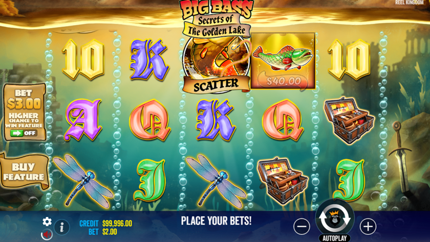Big Bass - Secrets Of The Golden Lake slot game by Pragmatic Play game grid with dragonflies, fish and scatter symbols.