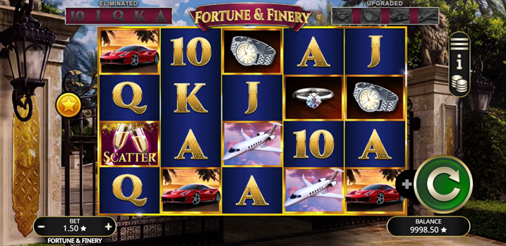 Fortune & Finery slot game by Booming Games game grid with cars, jets, rings, and watches symbols