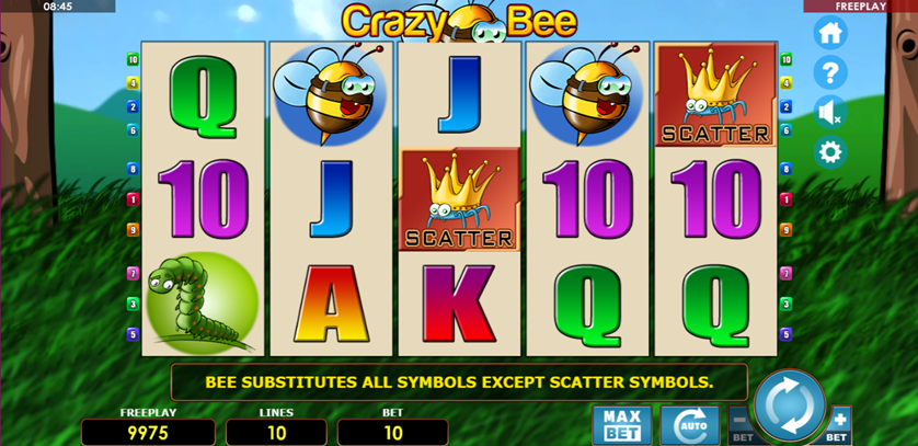 Crazy Bee by Amatic Games with bee, scatter bug, and caterpillar symbols.