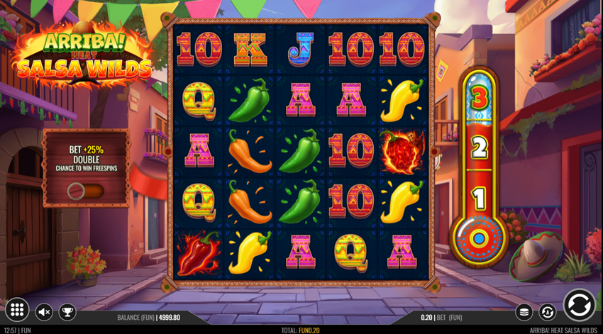 Arriba Heat  :  Salsa Wilds slot game by Iron Dog Studio game grid showing chilli and card symbols and chilli sauce thermometer.