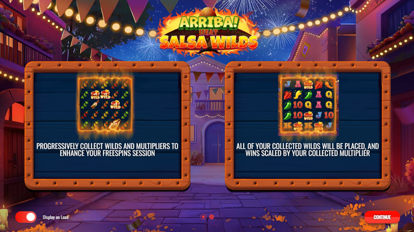 Arriba Heat  :  Salsa Wilds slot game by Iron Dog Studio showing the entrance screen with game features
