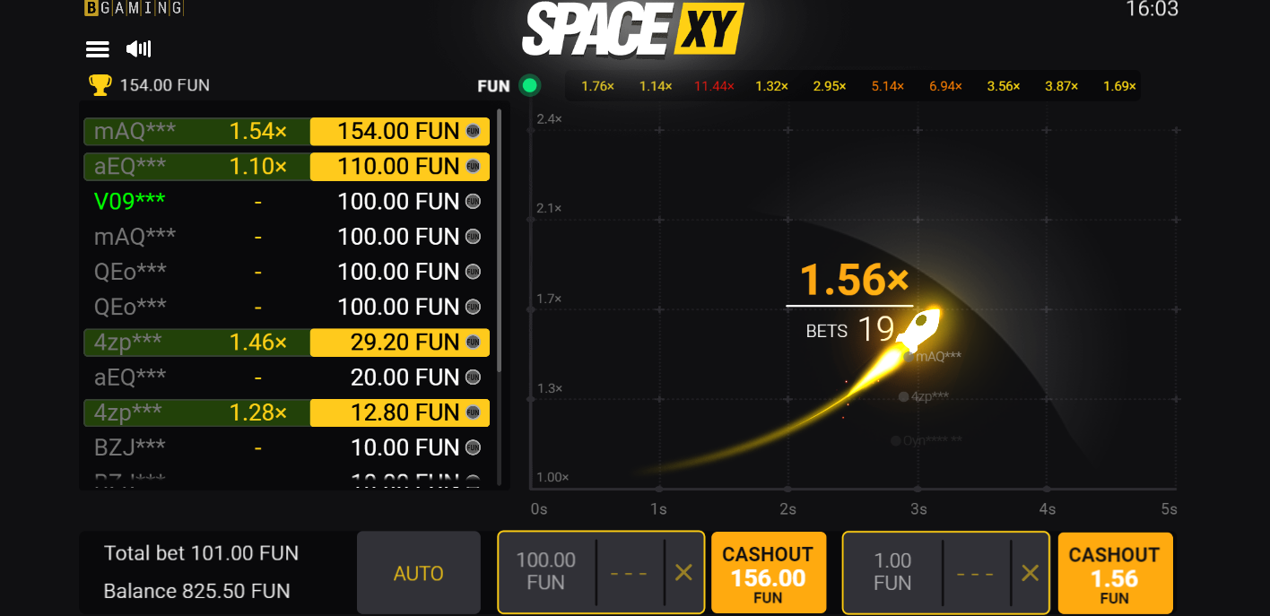 The Space XY game grid showing the flying spaceship with multipliers, multibet icons, and multiplayer record