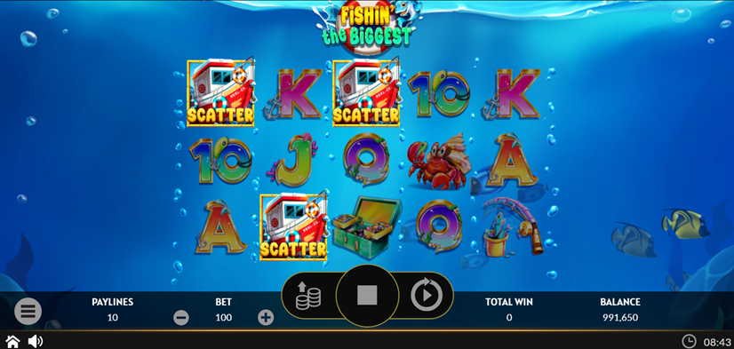 Underwater-themed slot game screen with Fishin the Biggest logo and various symbols including scatter icons