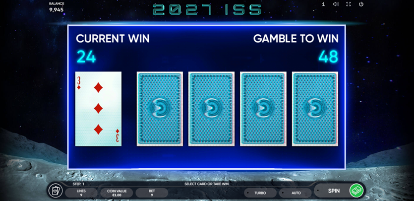 risk game in 2027 ISS slot game by Endorphina with a 3 of diamond dealer;s card and 4 face-down cards