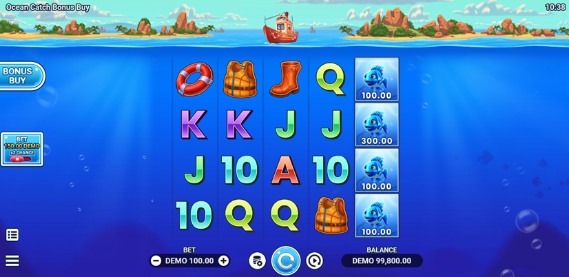 Ocean Catch Bonus Buy slot game by Evoplay game grid with symbols on island and sea background.