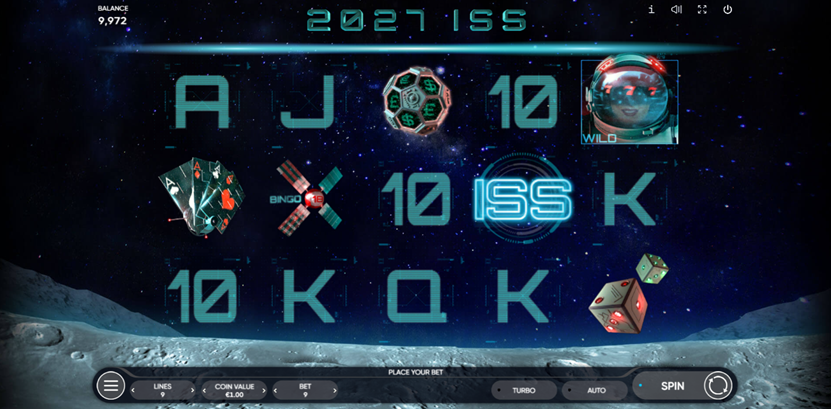 Dice, Blackjack, space men, satellite, and crypto ball symbols from 2027 ISS slot game by Endorphina