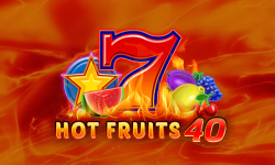 Hot Fruits 40' slot game featuring fiery backdrop with colorful fruit symbols and a bold number 7.