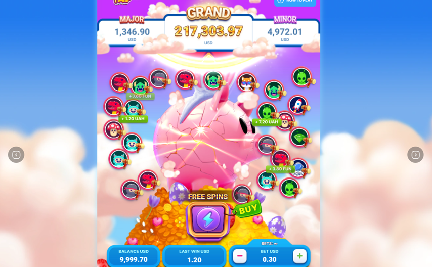 Piggy Tap slot game by Only Play showing the instant game screen with the pink piggy bank cracking.