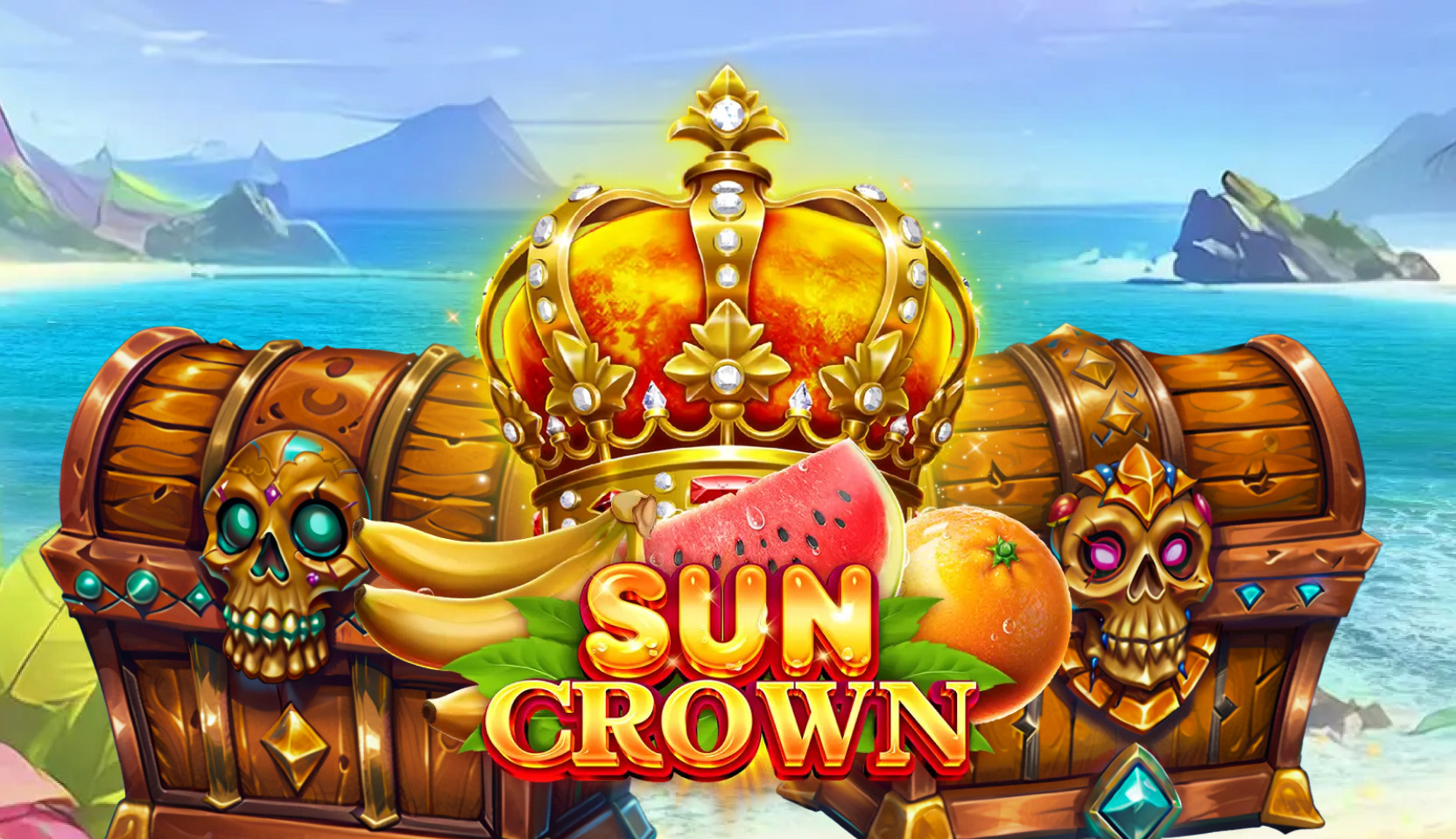 Sun Crown slot game logo with a golden crown, treasure chests, and tropical fruits on a beach background from Amigo Games