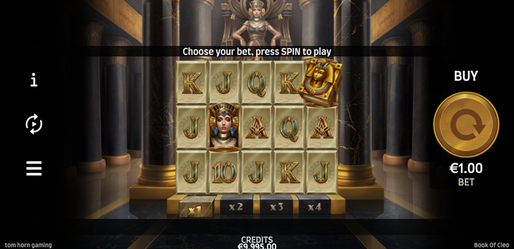 Book of Cleo slot game by Tom Horn Native with game grid and cleo seated on her throne in background