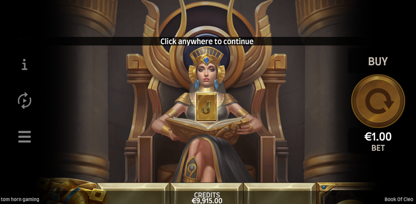 Book of Cleo slot game with cleo seated holding the book for free spins
