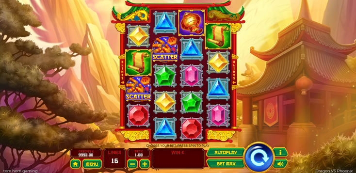 Dragon vs Phoenix slot game by tom horn native showing game grid with symbols