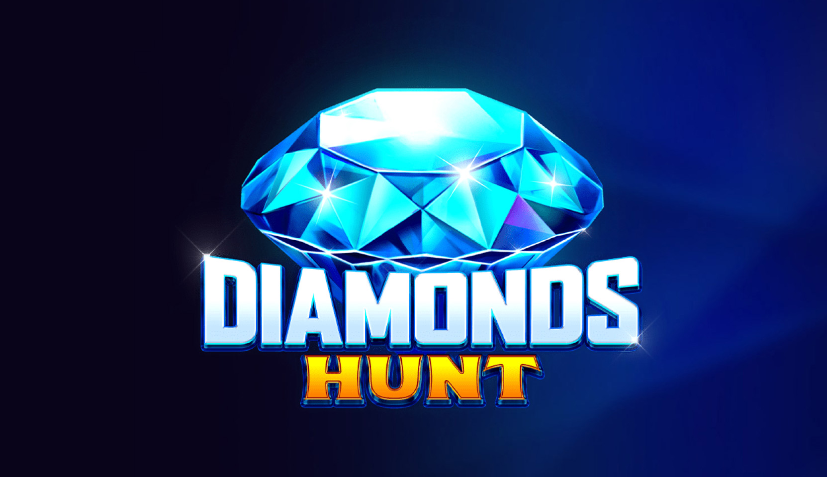 Illuminated blue diamond and 'Diamonds Hunt' logo on a deep blue backdrop for Slotopia slot game.