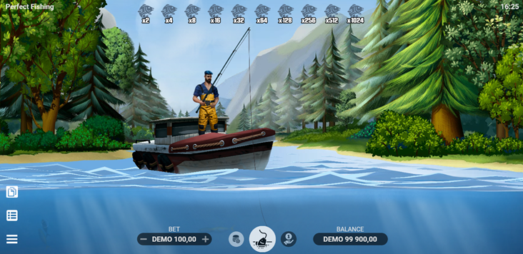 Perfect Fishing Games by Evoplay instant game with fisherman rocking on boat holding a fishing rod.