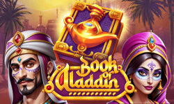 Vibrant image of Aladdin and princess with 'Book of Aladdin' by Tom Horn Native, in an enchanting desert backdrop.