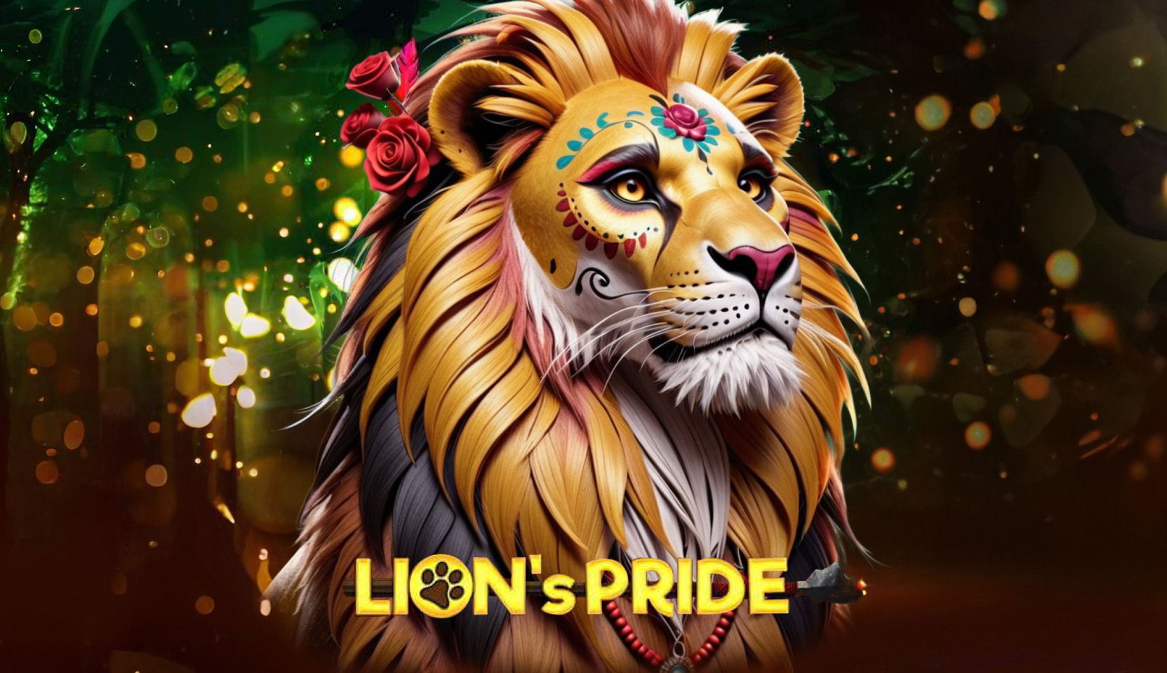 Colorful painted lion with a floral mane, representing 'Lion's Pride' from Mascot Games