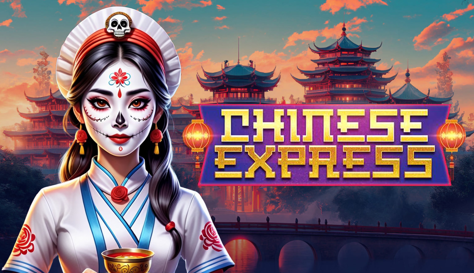 Elegant Chinese woman with sugar skull makeup holding a cup in 'Chinese Express' slot game by Only Play.